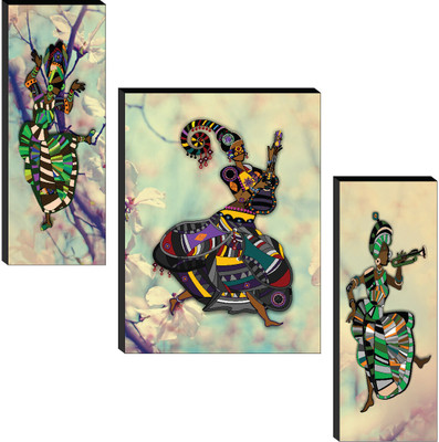saf Wall Art Panels | Tribal Women Playing Instruments with Colorful Ethnic Patterns Digital Reprint 12 inch x 20 inch Painting(Without Frame, Pack of 3)