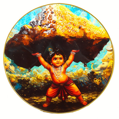bareth brothers Govardhan Bal Krishna – Resin Round Frame (12x12) Digital Reprint 12 inch x 12 inch Painting(With Frame)