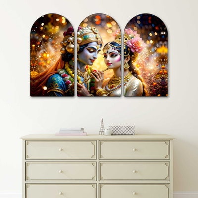 saf Radha Krishna Wall Painting Set of 3 | Divine Couple Spiritual Wall Art on MDF Digital Reprint 30 inch x 50 inch Painting(With Frame, Pack of 3)