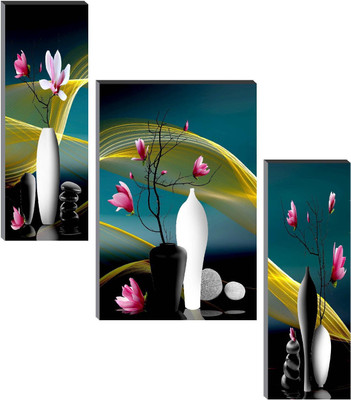 saf Set of 3 Floral Digital Reprint 12 inch x 18 inch Painting(With Frame, Pack of 3)