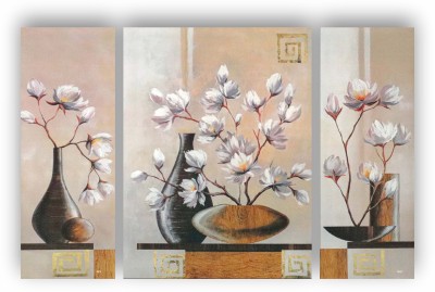 Khatu Crafts White Flower Vase Painting Digital Reprint 12 inch x 18 inch Painting(Without Frame, Pack of 3)