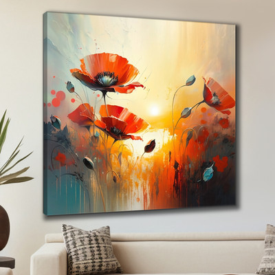 Aartify Sunset Floral Framed Canvas Painting for Living Room Wall Decoration Canvas 16 inch x 16 inch Painting(With Frame)