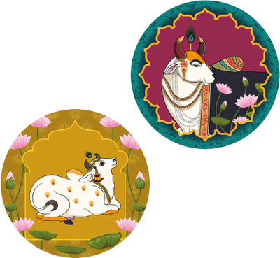 Indianara Set of 2 Pichwai Round Shape Wall Painting for living room/Home/Bedroom/Office Digital Reprint 12 inch x 12 inch Painting(Without Frame, Pack of 2)