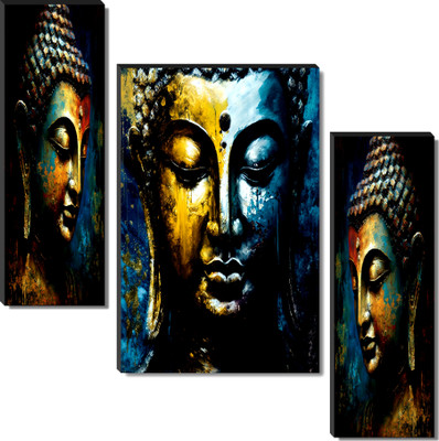 saf Abstract Buddha Face Wall Painting Digital Reprint 18 inch x 12 inch Painting(Without Frame, Pack of 3)