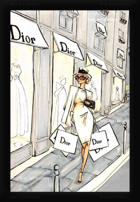 Braj Art Gallery Fashion Poster Lady Shopping Dior Photo Frame Digital Reprint 19.5 inch x 13.5 inch Painting(With Frame)