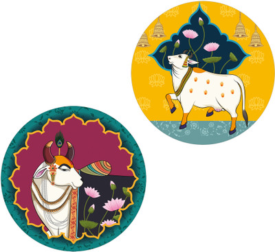 Indianara Set of 2 Pichwai Round Shape Wall Painting for living room/Home/Bedroom/Office Digital Reprint 12 inch x 12 inch Painting(Without Frame, Pack of 2)