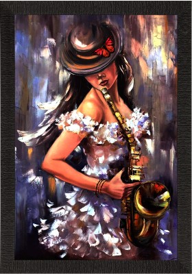 eCraftIndia Woman in Hat Playing Saxophone Musical Instrument Wall Painting Ceramic 20 inch x 1 inch Painting(With Frame)