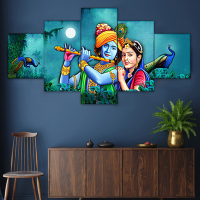 SUFFICE Krishna 3D wall painting scenery for home decoration-set of 5 framed(75X43 cms) Digital Reprint 17 inch x 30 inch Painting(With Frame, Pack of 5)
