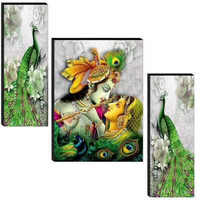 WALLSTOXX Set Of 3 Radha Krishan with Peacock 12X18 Inch MDF Wall Art Painting Digital Reprint 18 inch x 12 inch Painting(Without Frame, Pack of 3)