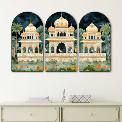 saf Mughal Palace Wall Art | Royal Architecture & Bird Theme Decorative Wall Hanging Digital Reprint 20 inch x 30 inch Painting(With Frame, Pack of 3)