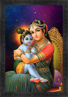 Dharvika Prime Kanha Maa Yashoda With Bal Krishna Photo Frame with Sparkle Lamination Digital Reprint 14 inch x 11 inch Painting(With Frame)