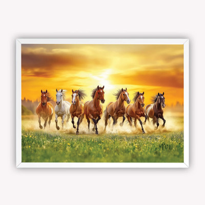 DECO THE HOME 7 Running Horses Vastu Art Frame | Positive Energy & Good Luck Wall Decor Digital Reprint 12 inch x 9 inch Painting(With Frame)