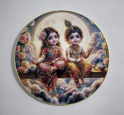 Masstone Baby Radha Krishna Crystal Embedded Gold Strip Framed Round Wall Paintings Embossed 16 inch x 16 inch Painting(With Frame)