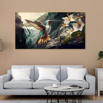 Dekorstation Beautiful Bird with Blue Gold Feathers Flower Landscape Canvas Wall Painting Canvas 24 inch x 48 inch Painting(With Frame)