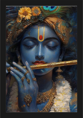 Karuna Enterprises Divine Lord Krishna Wall Art – Spiritual Flute Photo Frame for Home Décor Digital Reprint 12 inch x 9 inch Painting(With Frame)