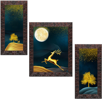 Indianara Set of 3 Abstract Art Framed (5351GBNN) without glass Digital Reprint 13 inch x 10.2 inch Painting(With Frame, Pack of 3)