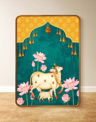saf Cow Pichwai Sparkle Lamination Finished Surface Golden Slim Frame Digital Reprint 19.5 inch x 13.5 inch Painting(With Frame)