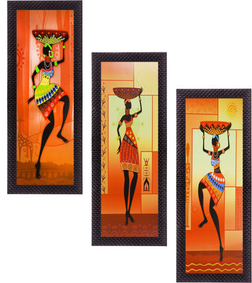 eCraftIndia Set Of 3 Tribal Ladies Satin Matt Textured Canvas 40.64 cm x 17.78 cm Painting(With Frame, Pack of 3)