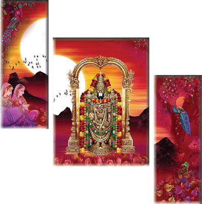 saf Divine Tirupati Balaji Wall Art | Traditional South Indian Temple Artwork Digital Reprint 12 inch x 20 inch Painting(With Frame, Pack of 3)