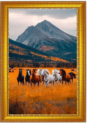 Dekofy Vastu 7 Running Horses at Sunset Wall Frame | HD Digital Art Print Digital Reprint 12 inch x 9 inch Painting(With Frame)