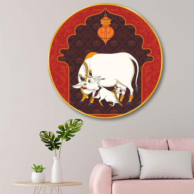 SAF PRINT Round Cow and Calf Wall Painting – Golden Frame | Sacred Gau Mata Art GRL-266 Digital Reprint 20 inch x 20 inch Painting(With Frame)
