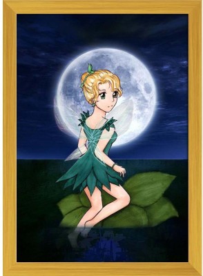 Artzfolio Water Fairy & The Full Moon Canvas Painting Golden Frame 14x19.8inch (36x50cms) Canvas 19.8 inch x 14 inch Painting(With Frame)