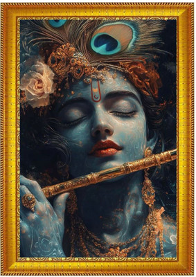 Dekofy Serene Lord Krishna Playing Flute Wall Photo Frame Digital Reprint 12 inch x 9 inch Painting(With Frame)