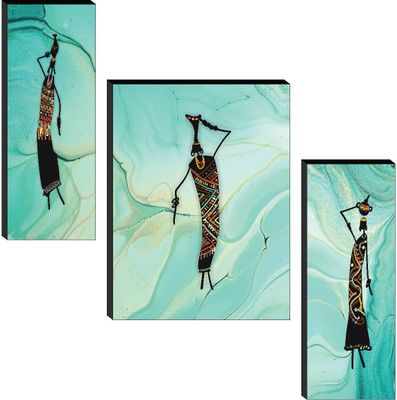 saf African Tribal Wall Art | Ethnic Women Figurines on Aqua Marbled Background Digital Reprint 12 inch x 20 inch Painting(With Frame, Pack of 3)