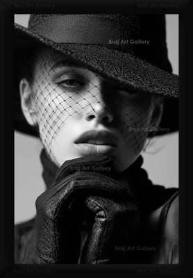 Braj Art Gallery Fashion Poster Model in Black Hat Face Net and Gloves Photo Frame Digital Reprint 19.5 inch x 13.5 inch Painting(With Frame)