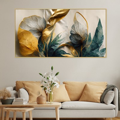 Dekorstation Abstract Elegant Golden Canvas Floral Framed Painting for Wall Decoration Canvas 24 inch x 48 inch Painting(With Frame)