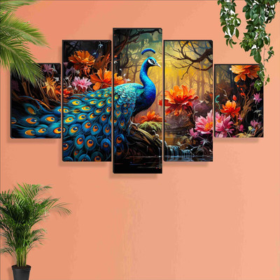 SNDArt Set Of 5 Peacock Wall Paintings For Living Room Digital Reprint 18 inch x 30 inch Painting(Without Frame, Pack of 5)