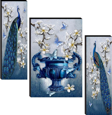 saf Peacock Set of 3 Digital Reprint 12 inch x 18 inch Painting(Without Frame, Pack of 3)
