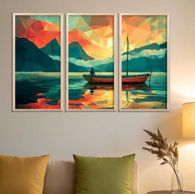 ARAkri Modern Lake Sunset Triptych Wall Art, 3- set Framed Art Print, Wall Decor Ideas Digital Reprint 19 inch x 10 inch Painting(With Frame, Pack of 3)