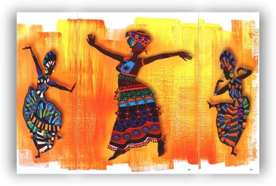 Khatu Crafts Tribal Dance Yellow Painting Digital Reprint 12 inch x 18 inch Painting(Without Frame, Pack of 3)
