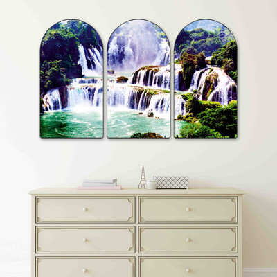 saf Multi-Layer Waterfall Wall Painting Set of 3 Arch Shape Nature Scenery HD Print Digital Reprint 20 inch x 30 inch Painting(With Frame, Pack of 3)