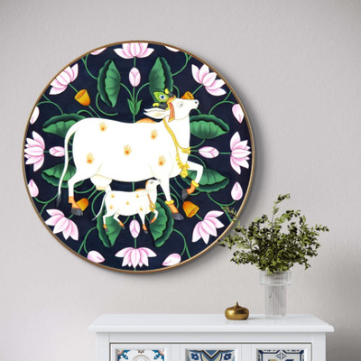 saf Large Round Pichwai Cow Wall Painting with golden frame Vinyl Sparkle laminated Digital Reprint 16 inch x 16 inch Painting(With Frame)