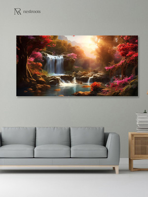 nestroots Enchanted Forest Waterfall Pink Serenity | Single Frame | 12X24 Canvas 24 inch x 12 inch Painting(With Frame)