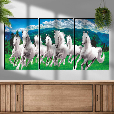 saf Seven Running Horses | Vastu Success Wealth Fortune Positive Energy Digital Reprint 18 inch x 36 inch Painting(With Frame)