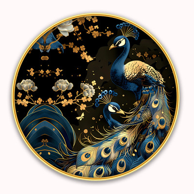 Dharvika Innovations Peacock scenery Golden Slim Photo Frame with Sparkle Coated Lamination Digital Reprint 12 inch x 12 inch Painting(With Frame)