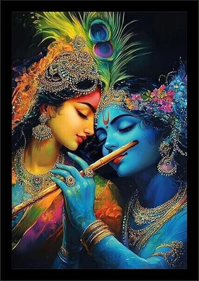 Karuna Enterprises Radha Krishna, Vibrant Spiritual Wall Frame with Peacock Feather Design Digital Reprint 12 inch x 8 inch Painting(With Frame)