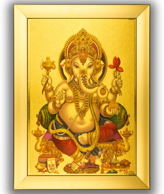 Anaadi Lord Ganesh Ji Thick Paper Golden Glitter Print Photo Frame | Wall Art Painting Digital Reprint 14 inch x 10 inch Painting(With Frame)