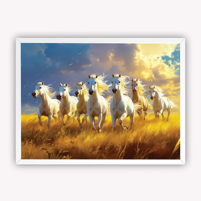 DECO THE HOME 7 Running White Horses Vastu Art Frame | Symbol of Power, Success & Prosperity Digital Reprint 16 inch x 12 inch Painting(With Frame)