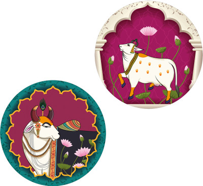 Indianara Set of 2 Pichwai Round Shape Wall Painting for living room/Home/Bedroom/Office Digital Reprint 12 inch x 12 inch Painting(Without Frame, Pack of 2)