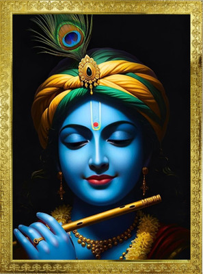 Tasvirra Krishna Ji Wall Frame with Flute & Turban – Hindu God Art Digital Reprint 12 inch x 9 inch Painting(With Frame)