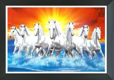 AARTKALA Seven white running horse photo frame | UV Textured 7 Running Horses Vastu Digital Reprint 14 inch x 20 inch Painting(With Frame)