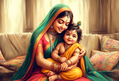 Anaadi Bal Krishna With Maa Yashoda Photo Poster Without Frame for Home Decoration Digital Reprint 13 inch x 19 inch Painting(Without Frame)