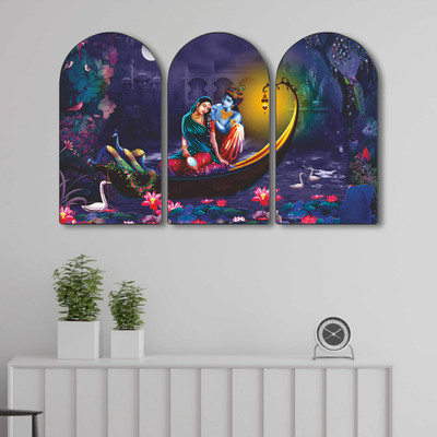 Aartify Radha Krishna Wall Decor 3 Panel Set | Divine Love Boat Ride Art on MDF Digital Reprint 30 inch x 20 inch Painting(With Frame, Pack of 3)