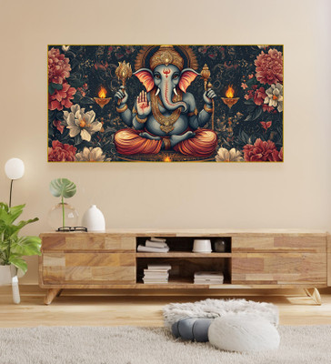 nestroots Lord Ganesha Divine oral painting | Gold Floating Frame | 18x36 Canvas 36 inch x 18 inch Painting(With Frame)