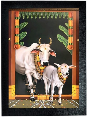 bareth brothers Sacred Cow and Calf in Mandap – A4 10x13 Framed Wall Art Digital Reprint 13 inch x 10 inch Painting(With Frame)