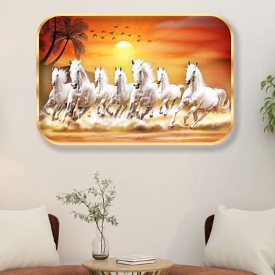 saf Seven Running Horses Sparkle Lamination Finished Surface Golden Slim Frame Digital Reprint 12 inch x 20 inch Painting(With Frame)